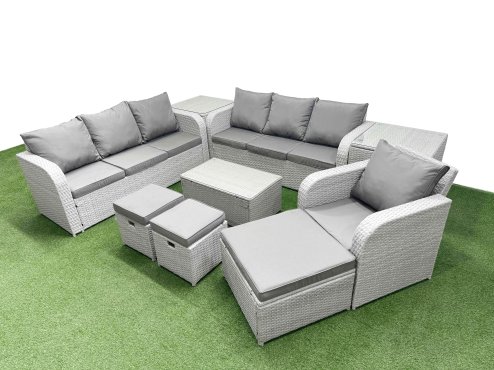Fimous 10 Seater Poly Rattan Outdoor Garden Furniture Sofa Set Patio 3 Seater Sofa Reclining Chair 3 Seater Sofa 3 Stools 2 Side Table Light Grey