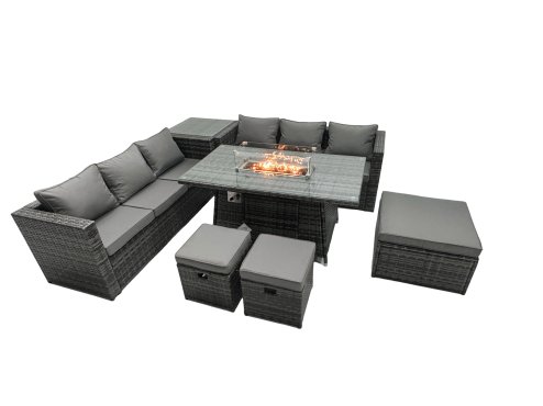 Fimous Rattan Garden Furniture Firepit Dining Set 9 Seater Lounge Sofa Table Set with Side Table 3 Footstool