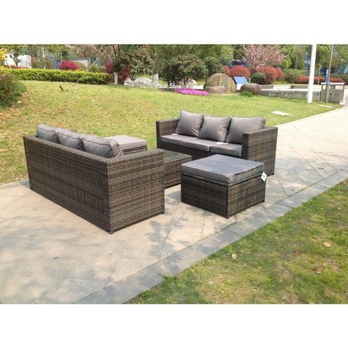 Fimous Rattan Garden Furniture Sets With 3 Seater Sofa Square Coffee Table And 2 PC Big Footstools