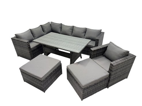 Fimous Outdoor PE Rattan Sofa Set with Dining Table Patio Garden Furniture Sets with Chair 2 Big Stools Dark Grey Mixed