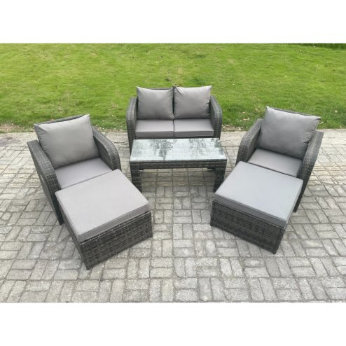 Fimous 6 Seater Rattan Wicker Garden Furniture Patio Conservatory Sofa Set with Rectangular Coffee Table Reclining Chair Love Sofa 2 Big Footstool