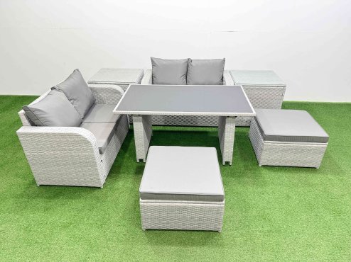 Fimous 7 Pieces Outdoor PE Rattan Sofa Set Patio Garden Furniture Sets with Cushions 2 Side Tables 2 Big Stools Light Grey