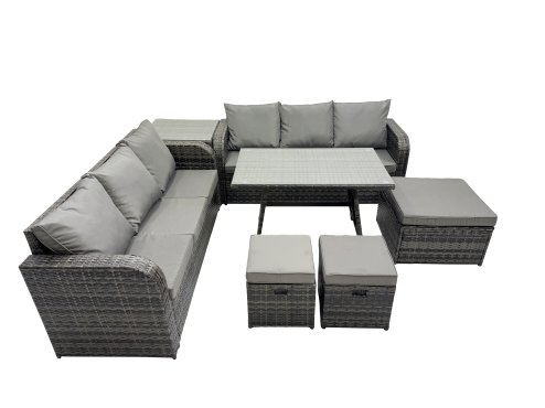 Fimous Garden Rattan Outdoor Furniture Set 9 Seater with 3 Seater Sofa 3 Stools Side Table Dark Grey
