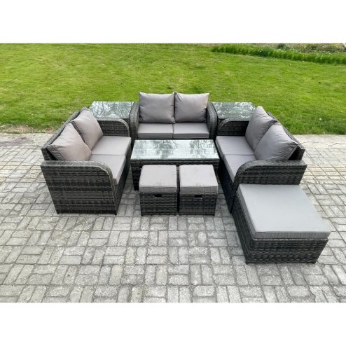 Fimous Outdoor Garden Furniture Sets 9 Pieces Wicker Rattan Furniture Sofa Sets with Rectangular Coffee Table Love seat Sofa 3 Footstools 2 Side Tables