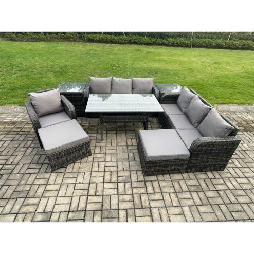 Fimous 9 Seater Outdoor Rattan Garden Furniture Set Oblong Rectangular Dining Table and Chairs Set with 3 Seater Sofa 2 Big Footstool 2 Side Tables Dark Grey Mixed