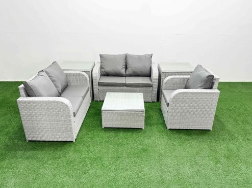 Fimous High Back Poly Rattan Garden Furniture Set with Reclining Chair Loveseat Sofa Square Coffee Table Indoor Outdoor Patio Set 2 Side Table Light Grey