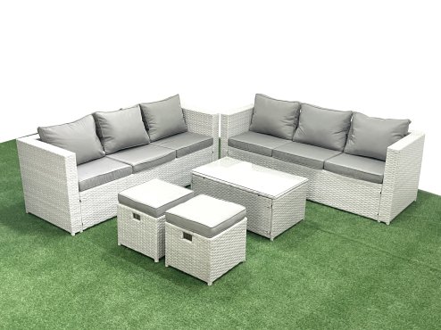Fimous Garden Outdoor PE Rattan Furniture Set 8 Seater Rattan Garden Sofa Set with 2 Small Footstool Light Grey Mixed