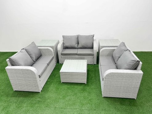 Fimous 6 Seater PE Wicker Rattan Furniture Sofa Sets with Square Coffee Table 2 Seater Love Sofa 2 Side Table Light Grey
