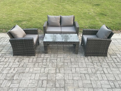 Fimous Outdoor Rattan Garden Furniture Set 4 Seater Patio Lounge Sofa Set with Coffee Table Dark Grey Mixed