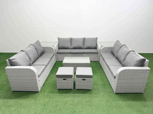 Fimous PE Rattan Lounge Sofa Set 11 Seater Outdoor Garden Furniture Set with Rectangular Coffee Table 3 Seater Sofa 2 Stools 2 Side Table Light Grey Image