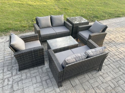 Fimous Garden Furniture Sets 6 Pieces Outdoor Rattan Furniture Manual Wicker Patio Sofa Chair Set with Coffee Table Side Table Dark Grey Mixed