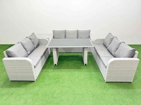 Fimous Patio Garden Furniture Sets with Black Glass Top Dining Table 3 Seater Sofa Side Table Light Grey