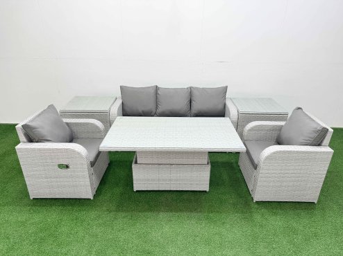 Fimous PE Rattan Garden Furniture Set Reclining Chair Sofa Lounge Sofa Set Adjustable Lifting Dining or Coffee Table 2 Side Table Light Grey