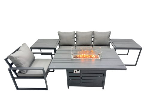 Fimous 4 Seat Outdoor Garden Furniture Set Aluminium Lounge 3 Seat Sofa Gas Fire Pit Table Sets with Chair 2 Side Tables Dark Grey
