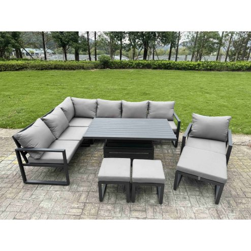 Fimous Aluminium Adjustable Rising Lifting Dining Table Sofa Set 9 Seat Aluminium Garden Furniture Sets with 3 Footstools Dark Grey