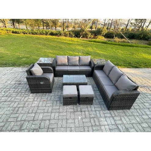 Fimous 9 Seater Rattan Lounge Sofa Set Outdoor Garden Furniture Set with Rectangular Coffee Table 3 Seater Sofa 2 Small Footstools 2 Side Tables Dark Grey Mixed