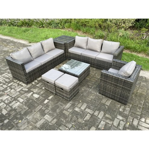 Fimous 9 Seater Rattan Garden Furniture Sofa Set with Armchair Side Table Square Coffee Table 2 Small Footstools Indoor Side Table Outdoor Rattan Set Dark Grey Mixed