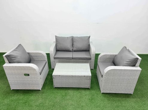 Fimous Light Grey PE Wicker Rattan Garden Furniture Set Sofa Set Reclining Adjustable Chair Rectangular Coffee Table 4 Seater