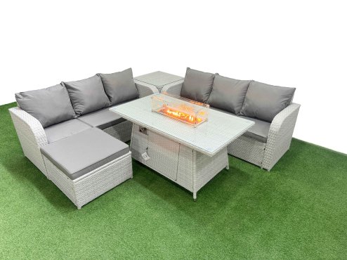 Fimous Outdoor Garden Furniture Sets 7 Seater Wicker Rattan Furniture Sofa Sets with Firepit Dining Table high Back Lounge Sofa Big Footstool Side Table Light Grey