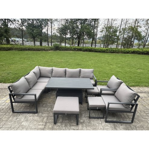 Fimous Aluminium Adjustable Rising Lifting Dining Table Sofa Set 10 Seat Aluminium Garden Furniture Sets with 3 Footstools Chair Dark Grey