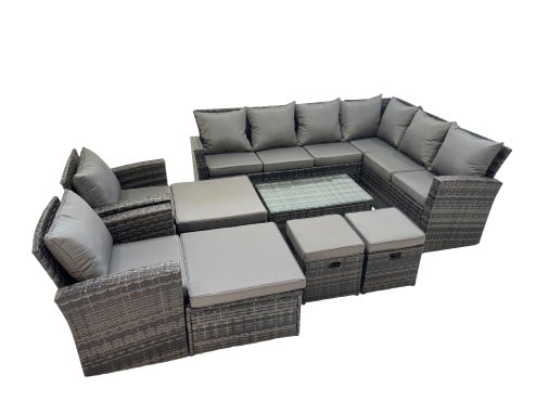 Fimous Rattan Garden Outdoor Furniture Set 12 Seater Garden Sofa Coffee Table Set with Chair 4 Footstools Dark Grey Mixed