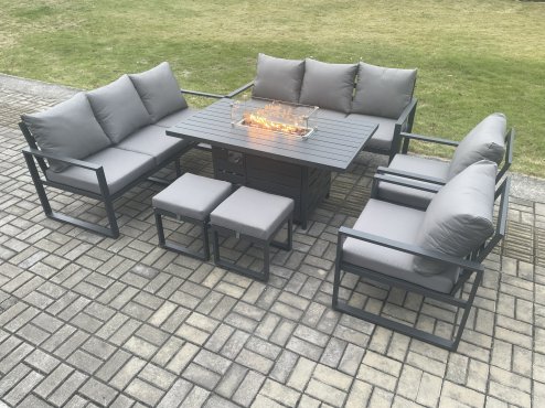 Fimous Aluminium Outdoor Garden Furniture Set Patio Lounge Sofa Gas Fire Pit Dining Table Set with 2 Small Footstools Dark Grey