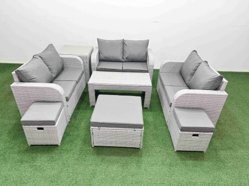 Fimous 9 Seater PE Wicker Rattan Furniture Sofa Sets with Oblong Coffee Table 2 Seater Love Sofa 3 Stool Side Table Light Grey