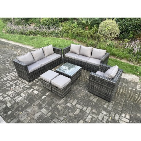 Fimous Rattan Garden Furniture Sofa Set with Armchair Square Coffee Table 2 Small Footstools Indoor Side Table Outdoor 9 Seater Rattan Set Dark Grey Mixed