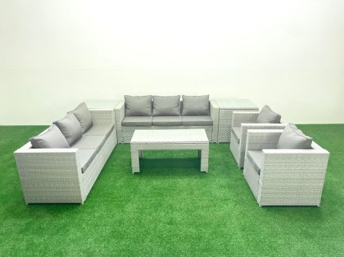 Fimous Outdoor Garden Furniture Rattan Sofa Set with 2 Armchairs Oblong Coffee Table 2 Side Tables Light Grey Mixed