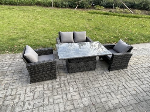 Fimous High Back Rattan Garden Furniture Sofa Sets with Height Adjustable Rising Lifting Table Side Table Big Footstool Dark Grey Mixed