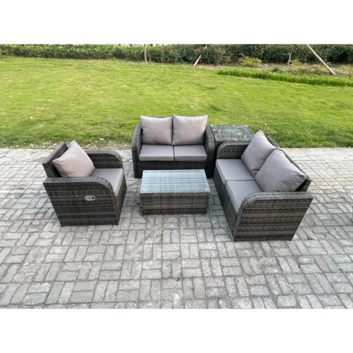 Fimous High Back Rattan Garden Furniture Set with Loveseat Sofa Rectangular Coffee Table Side Table Indoor Outdoor Patio Lounge Sofa Set Dark Grey Mixed