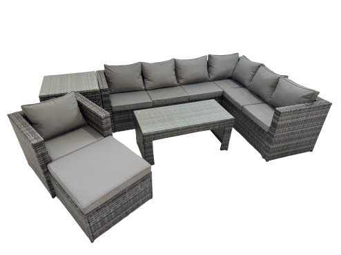 Fimous Outdoor Rattan Oblong Coffee Table Corner Sofa Sets Garden Furniture Set with Chair Big Stool Side Table Dark Grey Mixed
