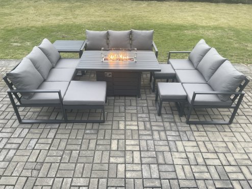 Fimous Aluminium Garden Furniture Outdoor Set Patio Lounge Sofa Gas Fire Pit Dining Table Set with 3 Footstools Side Table Dark Grey