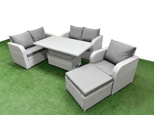Fimous High Back Poly Rattan Garden Furniture Set with Reclining Chair Loveseat Sofa Adjustable Lifting Dining or Coffee Table Indoor Outdoor Patio Set Big Stool Light Grey Image