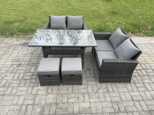 Fimous 6 Seater PE Wicker Rattan Garden Furniture Set Love Sofa Outdoor Rectangular Dining Table 2 Small Footstools Dark Grey Mixed