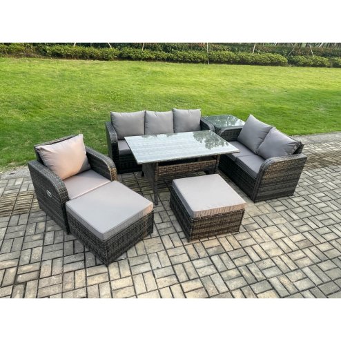 Fimous 7 Piece Rattan Garden Furniture Set with Patio Sofa Rectangular Dining Table Side Table 2 Big Footstool Indoor Conservatory Patio Set