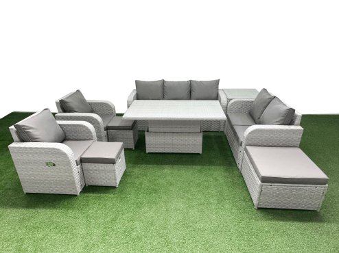 Fimous PE Rattan Garden Furniture Set Reclining Chair Sofa Double Love Seat 2 Seater Sofa Lounge Set Adjustable Lifting Dining or Coffee Table 3 Stools Side Table Light Grey