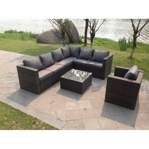 Fimous Dark Grey Mixed PE Rattan Corner Sofa Set Outdoor Garden Furniture Square Coffee Table Chair