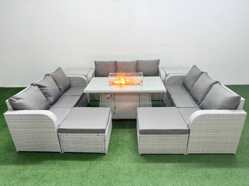 Fimous PE Rattan Lounge Sofa Set 11 Seater Outdoor Garden Furniture Set with Firepit Dining Table 3 Seater Sofa 2 Big Footstools 2 Side Table Light Grey