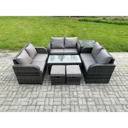 Fimous 8 Seater Rattan Garden Furniture Set Indoor Outdoor Patio Sofa Set with Coffee Table Love seat Sofa Side Table 2 Small Footstools Dark Grey Mixed