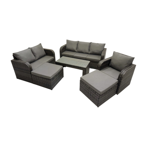 Fimous Rattan Garden Outdoor Furniture Set 3 Seater Sofa Love Sofa Coffee Table with 2 Big Footstools Dark Grey Mixed