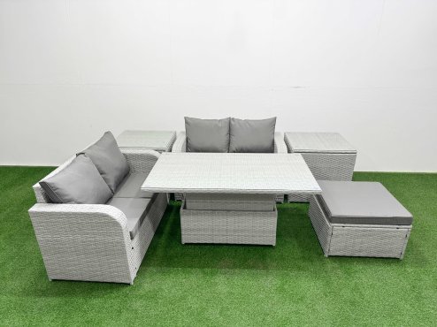 Fimous 5 Seater Outdoor Love Sofa Set Rattan Garden Furniture Set with Adjustable Lifting Dining or Coffee Table Big Footstool 2 Side Tables Light Grey Image