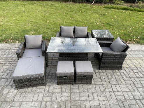 Fimous High Back Rattan Garden Furniture Sofa Sets with Height Adjustable Rising Lifting Table Side Table 3 Footstools Dark Grey Mixed