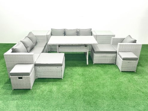Fimous Rattan Garden Furniture Dining Set 11 Seater Lounge Sofa Chair Dining Table Set with 4 Footstools 2 Side Tables Light Grey Mixed