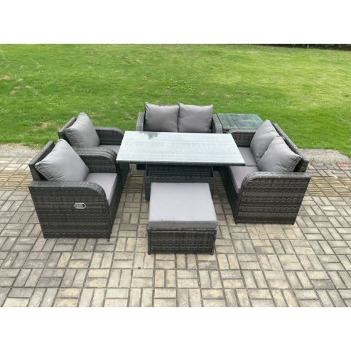 Fimous Rattan Furniture Outdoor Garden Dining Set Patio Height Adjustable Rising lifting Table Love Sofa Chair With Side Table Big Footstool