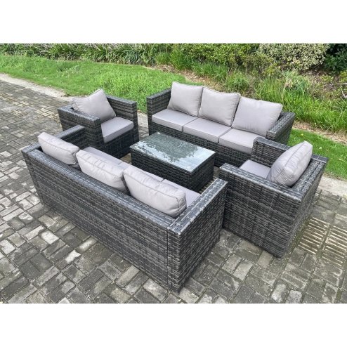 Fimous Wicker PE Rattan Sofa Set Outdoor Patio Garden Furniture with 2 Armchairs Oblong Coffee Table Dark Grey Mixed