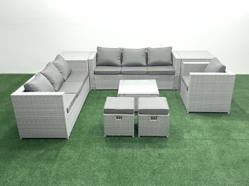 Fimous Wicker PE Rattan Sofa Garden Furniture Set with Armchair Square Coffee Table 2 Small Footstools 2 Side Tables Light Grey Mixed