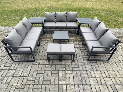 Fimous Aluminium 11 Seater Outdoor Garden Furniture Set Patio Lounge Sofa with Square Coffee Table 2 Side Tables 2 Small Footstools Conservatory Set Dark Grey