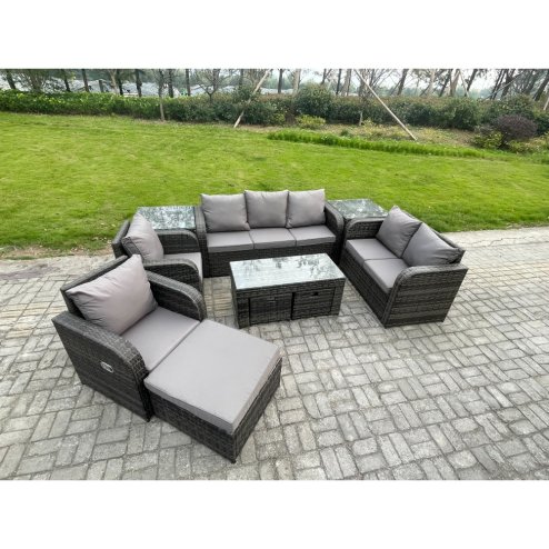 Fimous 10 Seater Outdoor Rattan Garden Furniture Set Rattan Lounge Sofa Set with Rectangular Coffee Table 2 Side Tables 3 Footstools Dark Grey Mixed