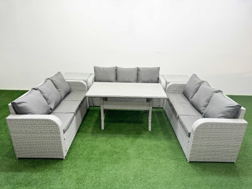 Fimous PE Rattan Lounge Sofa Set 9 Seater Outdoor Garden Furniture Set with Rectangular Dining Table 3 Seater Sofa 2 Side Table Light Grey